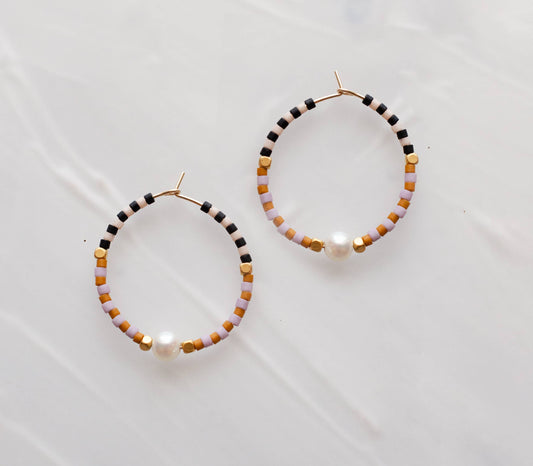 Jill Makes - Checked beaded mini hoops: Mustard & Lavender